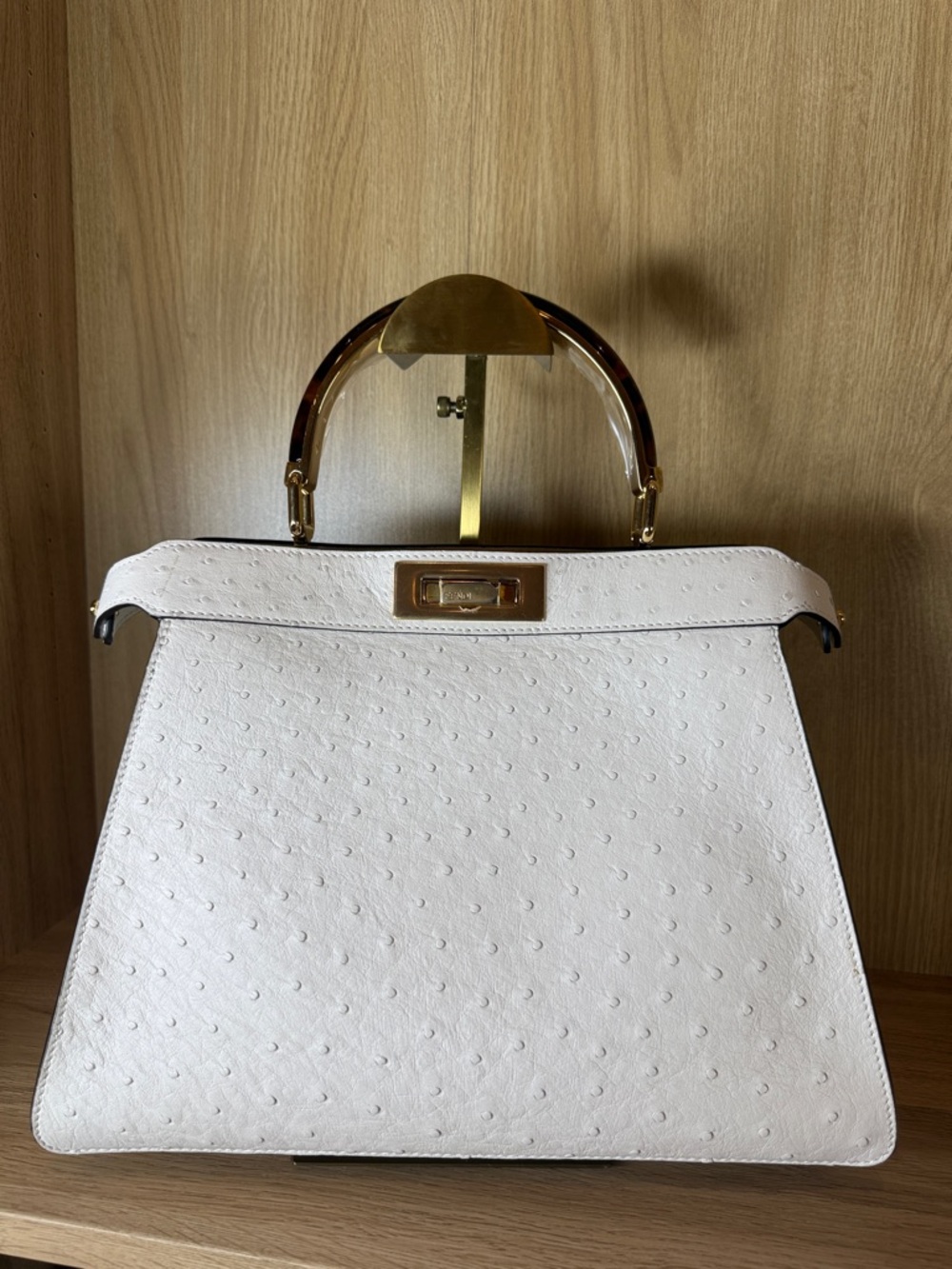 Fendi Peakaboo White  Ostrich- Top Handle Satchel with Tortoiseshell Accent.